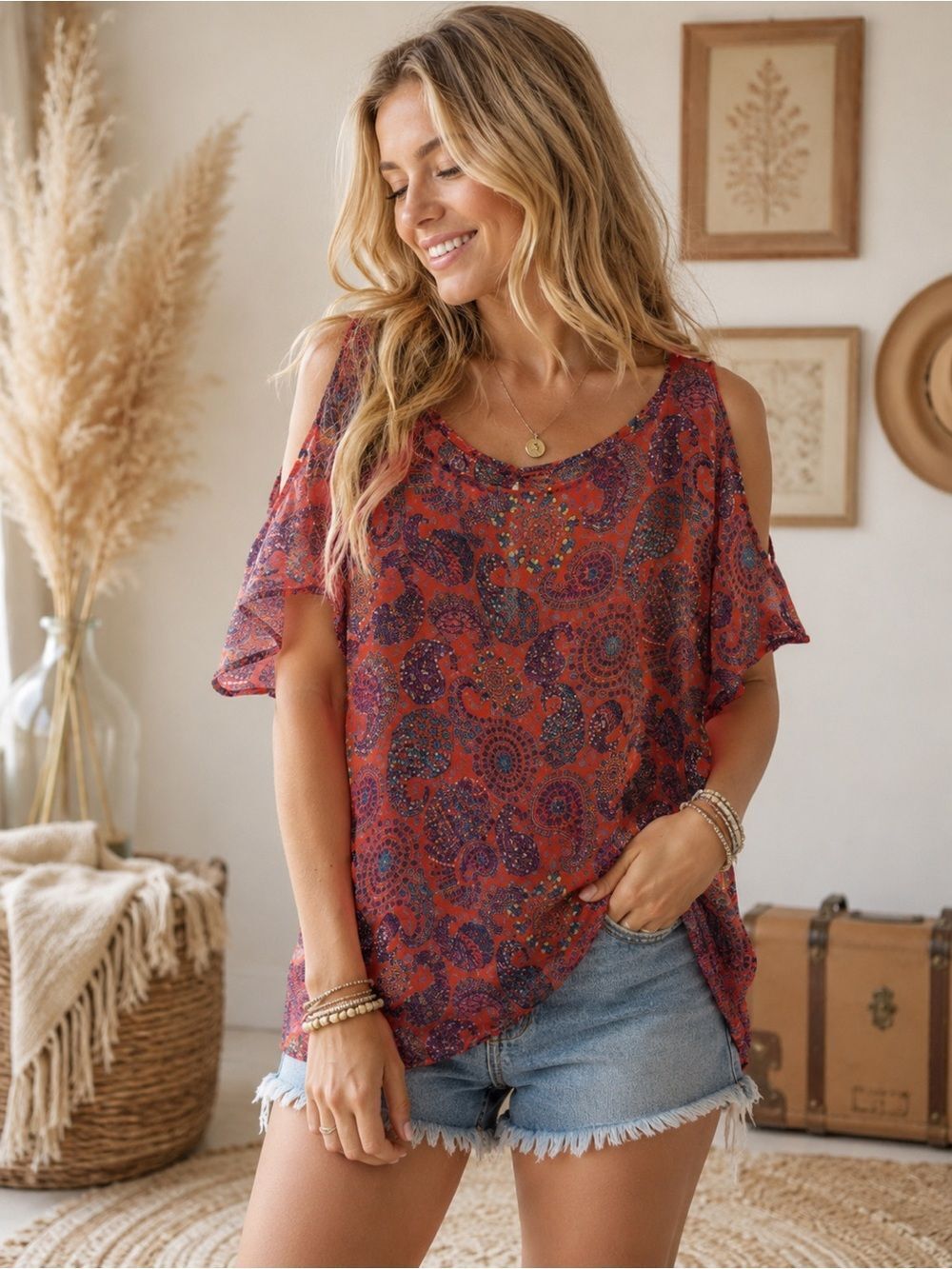 Harlowe & Graham Rust Paisley Cold-Shoulder Top